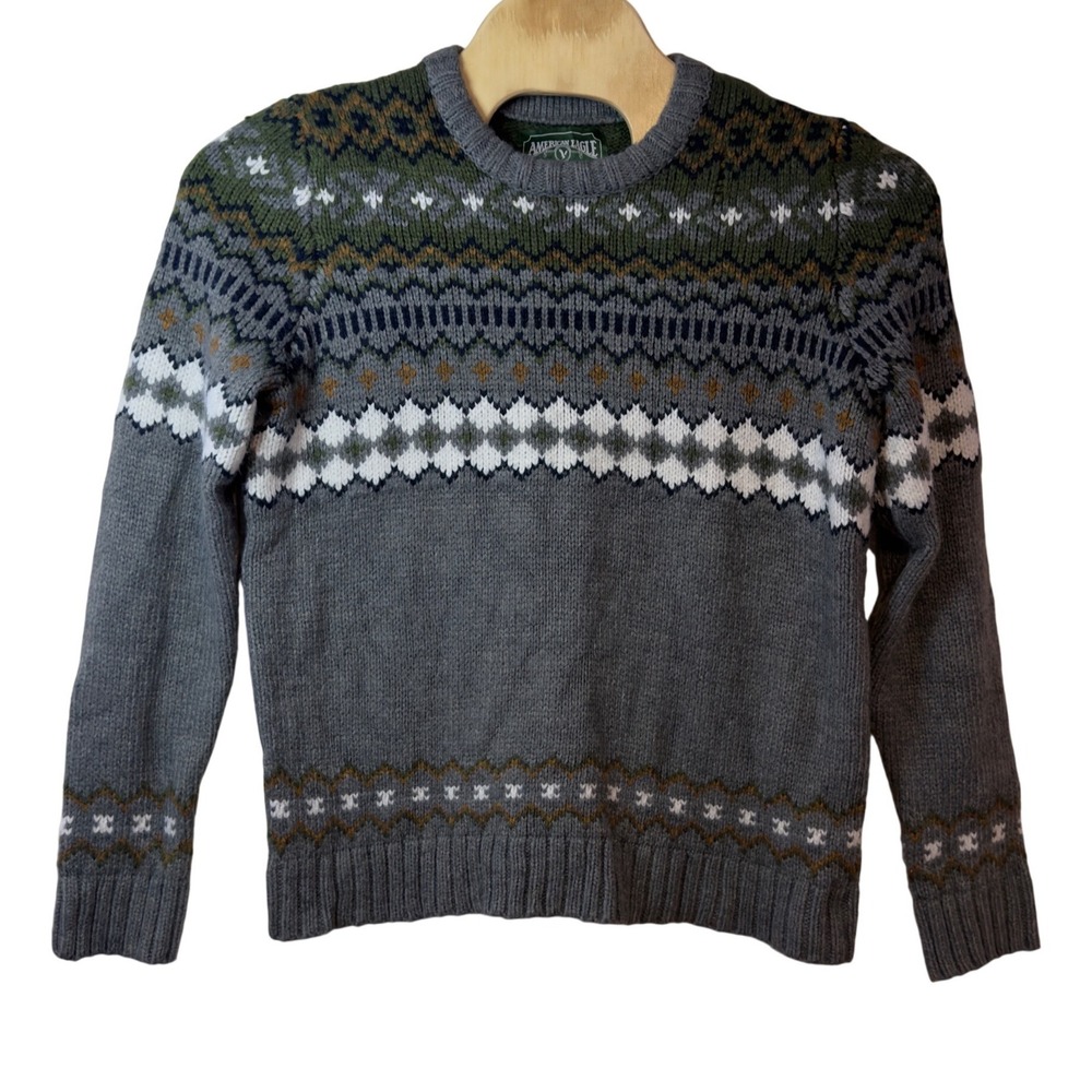 American Eagle Men's Fair Isle Crewneck Sweater Size L Nordic Winter Cozy Cabin